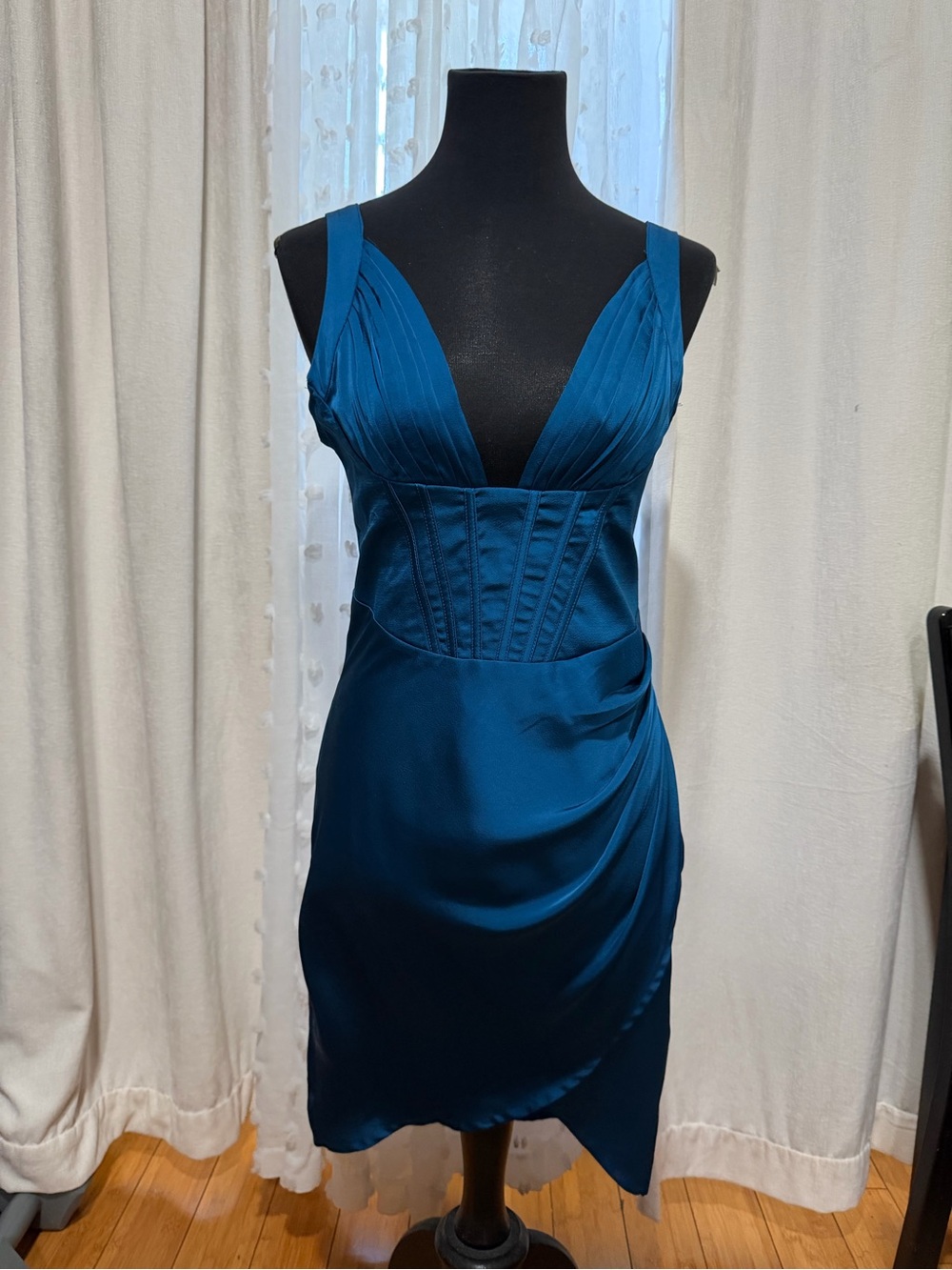 Teal Satin V-Neck Cocktail Dress